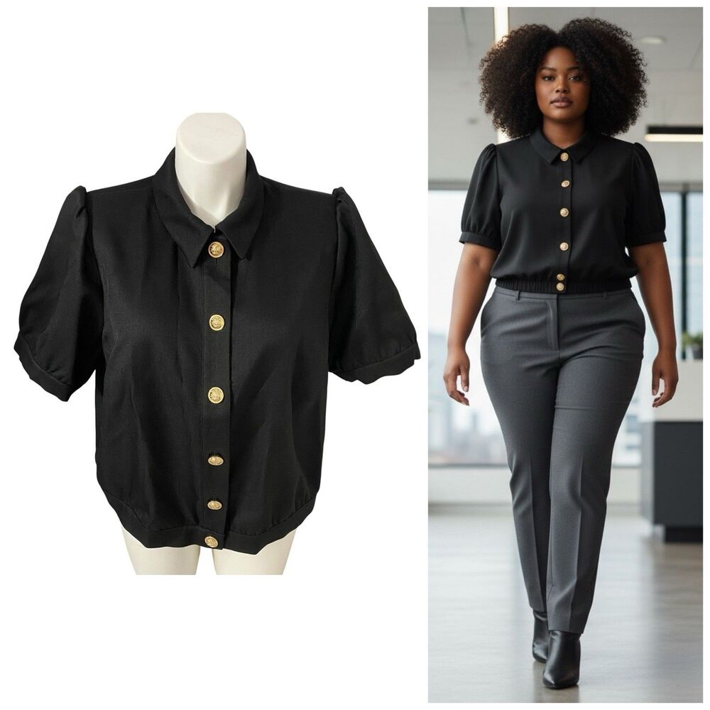 Dennis Basso Blazer Womens 1X Black Textured Short Sleeve Button Front Jacket